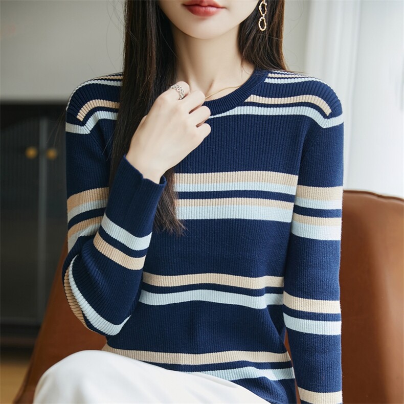 2025年秋季新款百搭女士拼色条纹长袖针织衫,针织衫/毛衣,丹芙娇羊绒