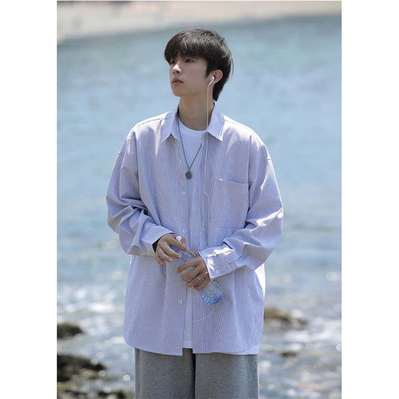 日系条纹衬衫男生春秋季叠穿户外雅痞潮牌宽松中性风长袖衬衣外套，男装衬衫，电商B413-1