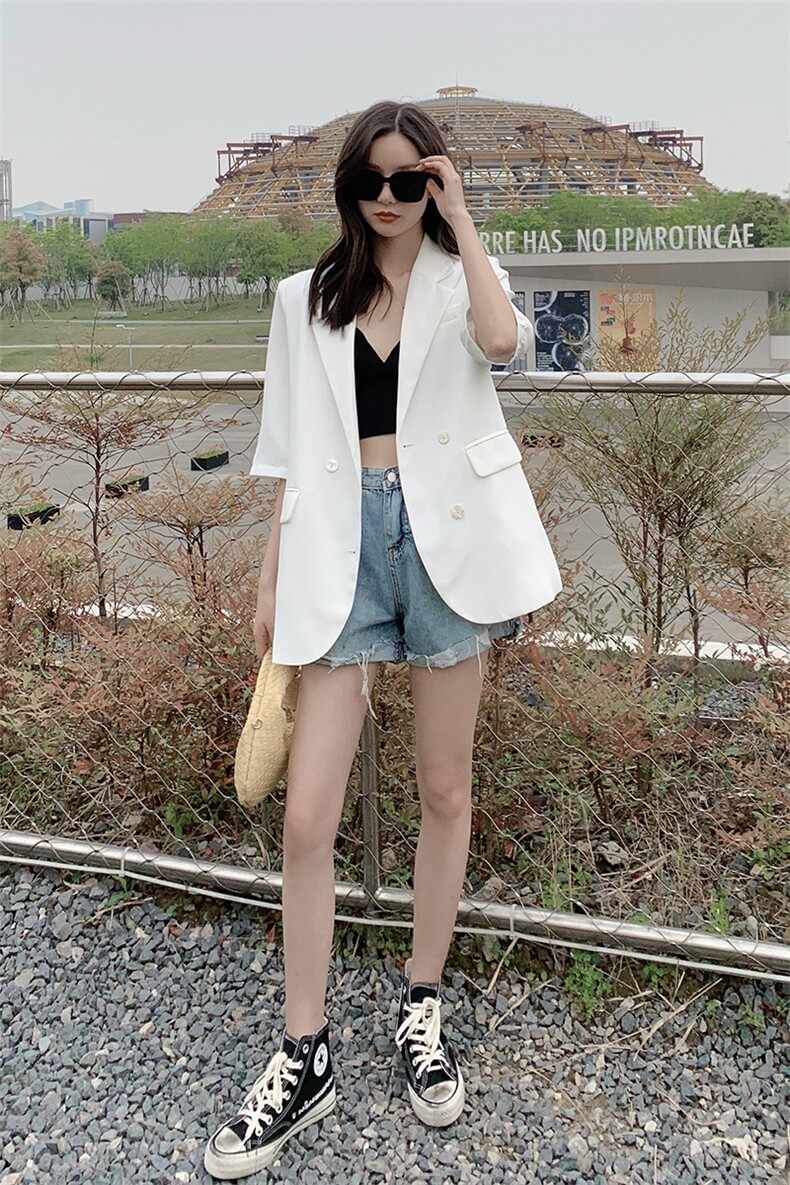款雪纺西装外套女春夏薄款2021新款网红白色气质防晒小西服,女装西装,杭阁服饰