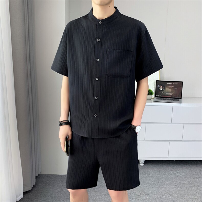 T620-P70 夏季新款套装时尚百搭衬衫短袖短裤套装男薄款透气立领图片