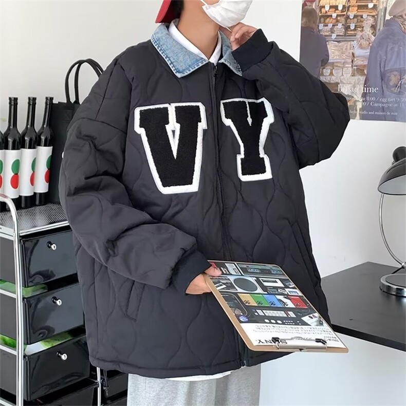 冬天新短款情侣潮牌潮流ins设计感拼接棒球服衬衫领棉袄外套男女,男装夹克,星座1210-1