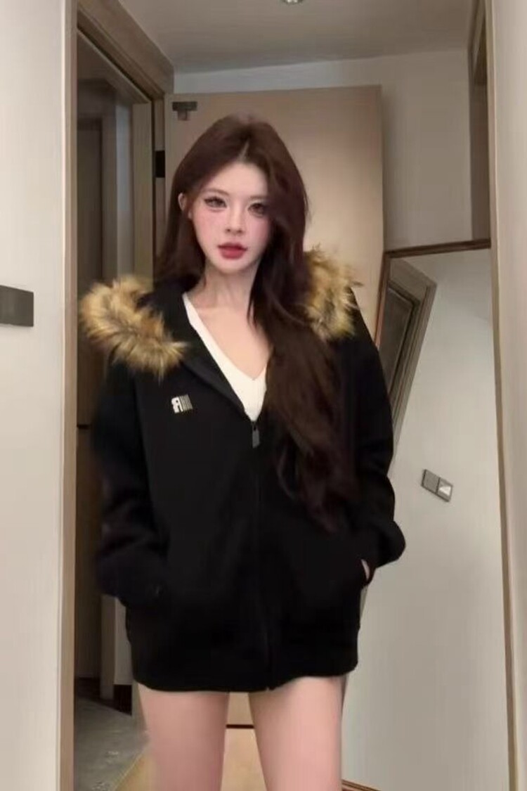 谁穿谁爱!!!【复古毛领】美式拉链开衫连帽卫衣女INS韩版加绒外套,女装短外套,星座218-8