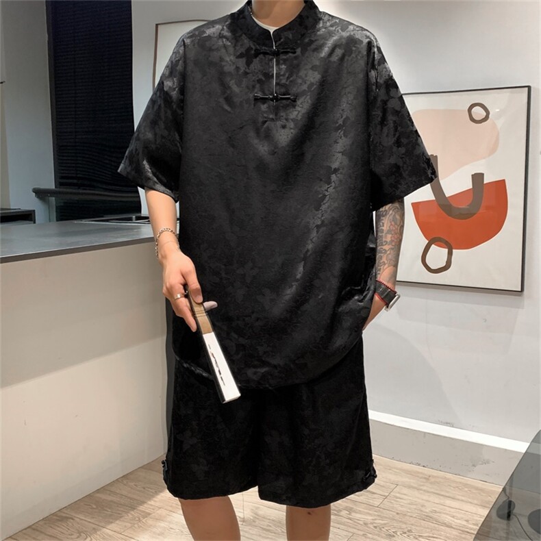 量大优供视频新风蝴蝶提花冰丝短袖短裤套装男TZ2405-特P60,男装休闲套装,电商A028