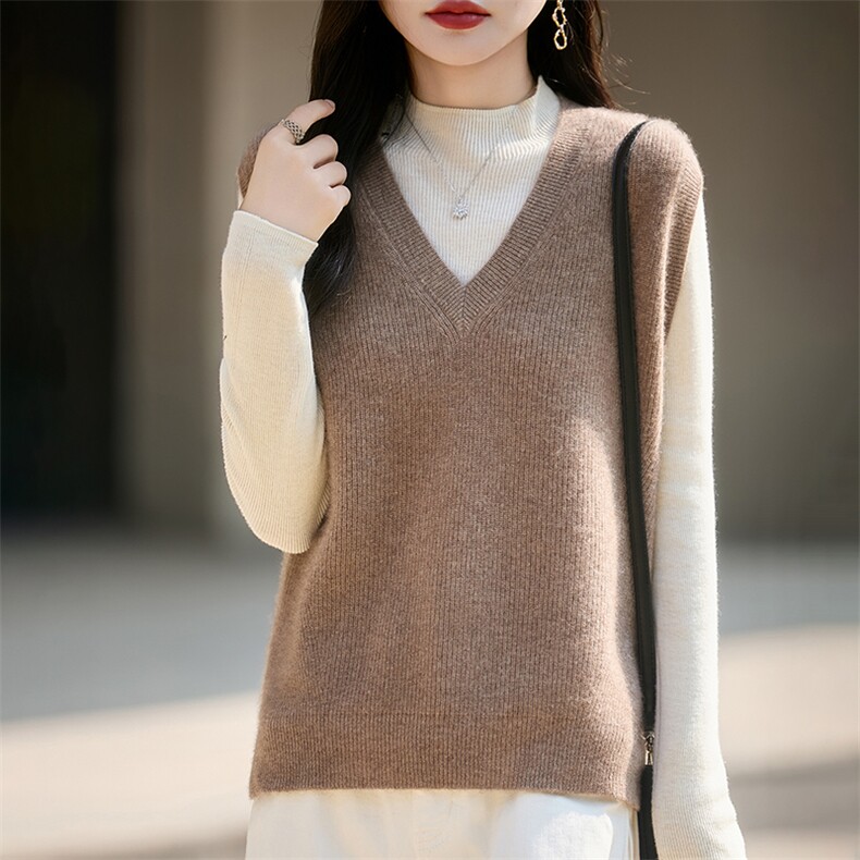 法式高端100纯羊毛针织马甲女2025新款V领无袖坎肩背心毛衣马夹潮,女装羊毛衫,朝辰羊绒