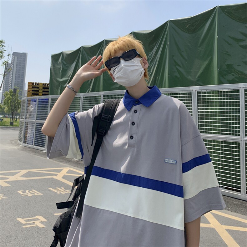 日系夏季新款POLO衫宽松短袖T恤男撞色拼接潮牌上衣PL087-P35,男装Polo衫,星座308B-1