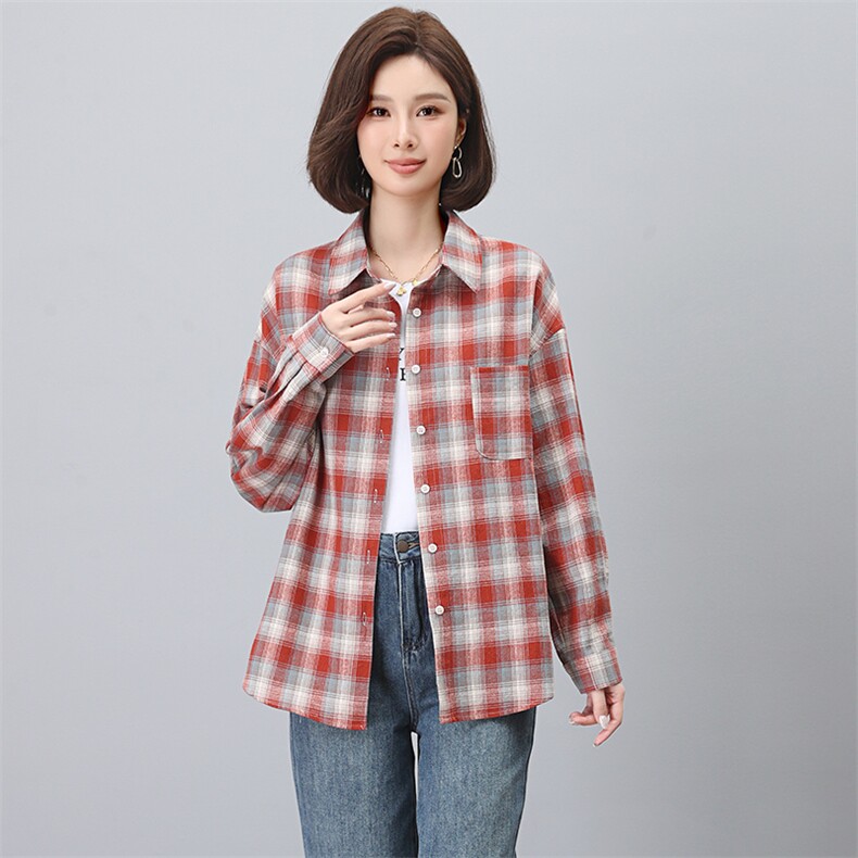 复古文艺格子衬衫女春秋季新款纯棉休闲宽松中年妈妈长袖格纹上衣,女装衬衫,江忆布依