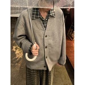 假两件新款拼接衬衫外套开衫针织毛衣图片