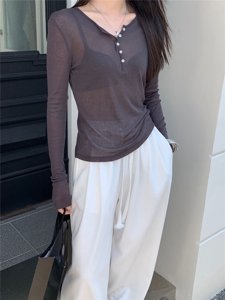 天丝羊毛亨利领面膜T恤，女装T恤，庆大羊绒