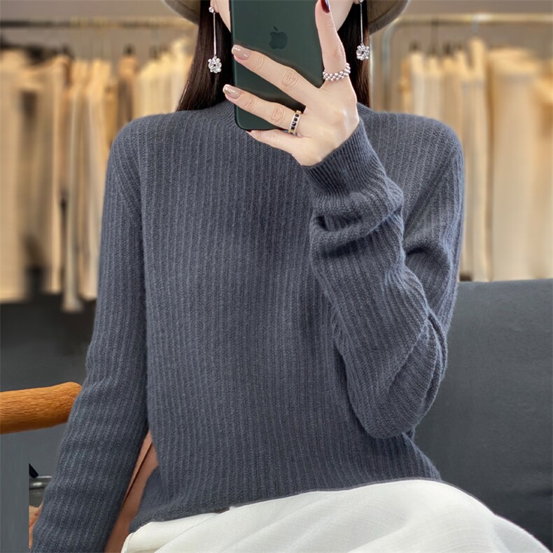 羊毛衫羊毛竖条花纹半高领女士时尚纯色简约,女装羊毛衫,九嘉羊绒