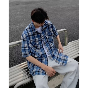 美式夏季格子男女短袖衬衫新款复古vintage高级感半袖上衣~CH08,麻花挂脖针织背心吊带上衣新搭配图片