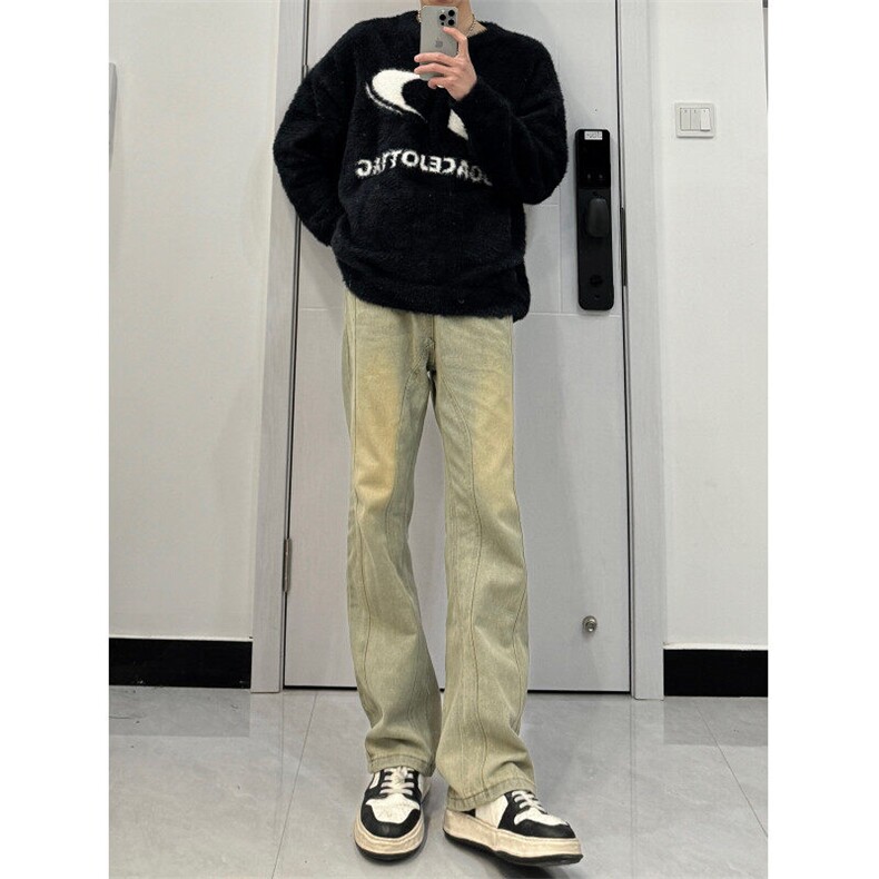 美式高街vibe拼接黄泥牛仔裤修身直筒裤XZ310A-4-NZ27JG,男装牛仔裤,星座310A-4