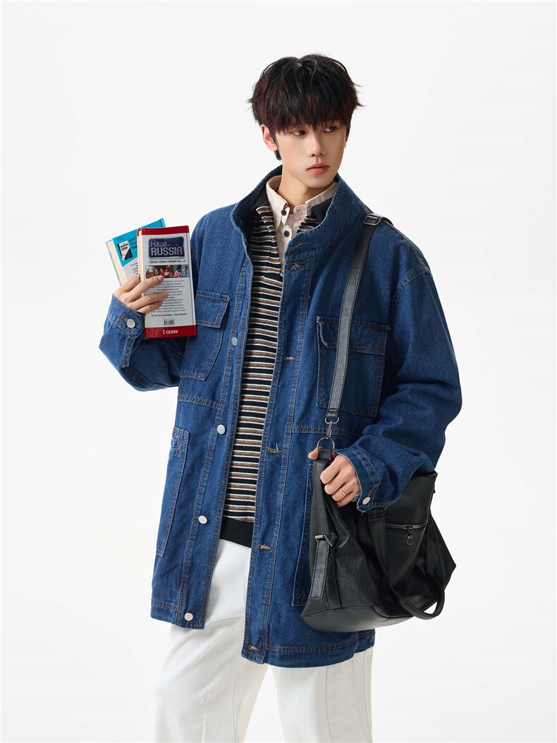 得物品质秋冬款中长款牛仔风衣立领工装大口袋外套AK4903P75，男装风衣，星座1013-1