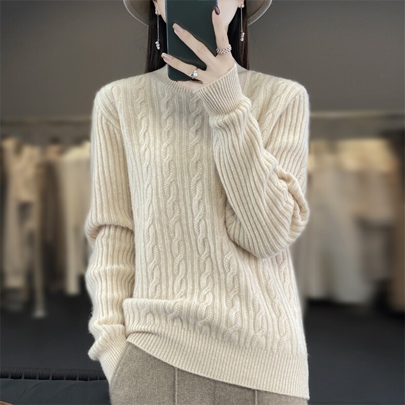 2024秋季新款半高领扭花长袖休闲舒适羊毛套头衫,女装羊毛衫,端硕羊绒
