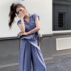 灰蓝色休闲时尚套装女2025夏新款设计感V领无袖上衣阔腿裤两件套，女装套装/套裙，2C129