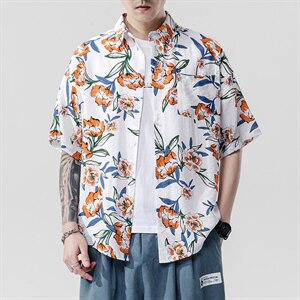 2021夏季新日系大码男无影墙沙滩情侣休闲短袖印花衬衫C3036-P35图片