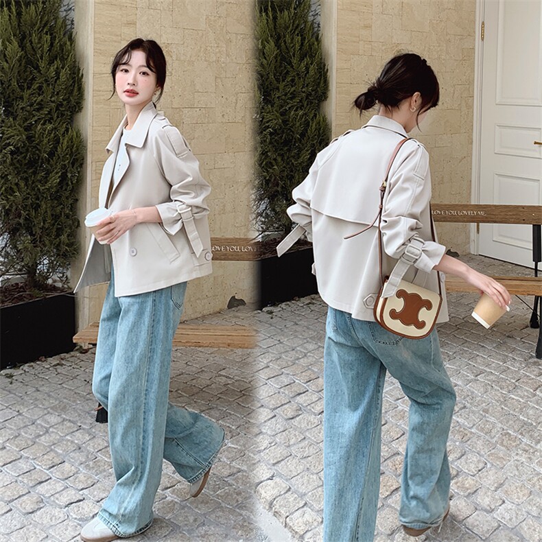 现货韩版休闲百搭显瘦短款风衣外套女2D075-(P145-K195),女装风衣,2D075