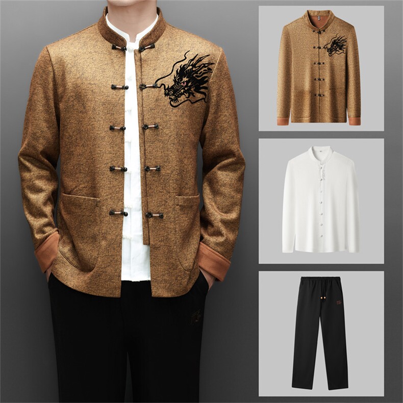 常货高货中老年山羊绒含加绒唐装三件套男士新中式唐装，男装民族服装，钱塘723