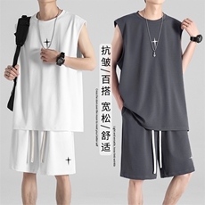 夏季薄款无袖休闲时尚冰丝套装TZ86-特批68，男装休闲套装，星座718
