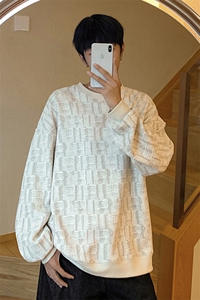 杏色圆领卫衣男生秋季格纹设计感长袖T恤复古宽松大码休闲上衣服图片