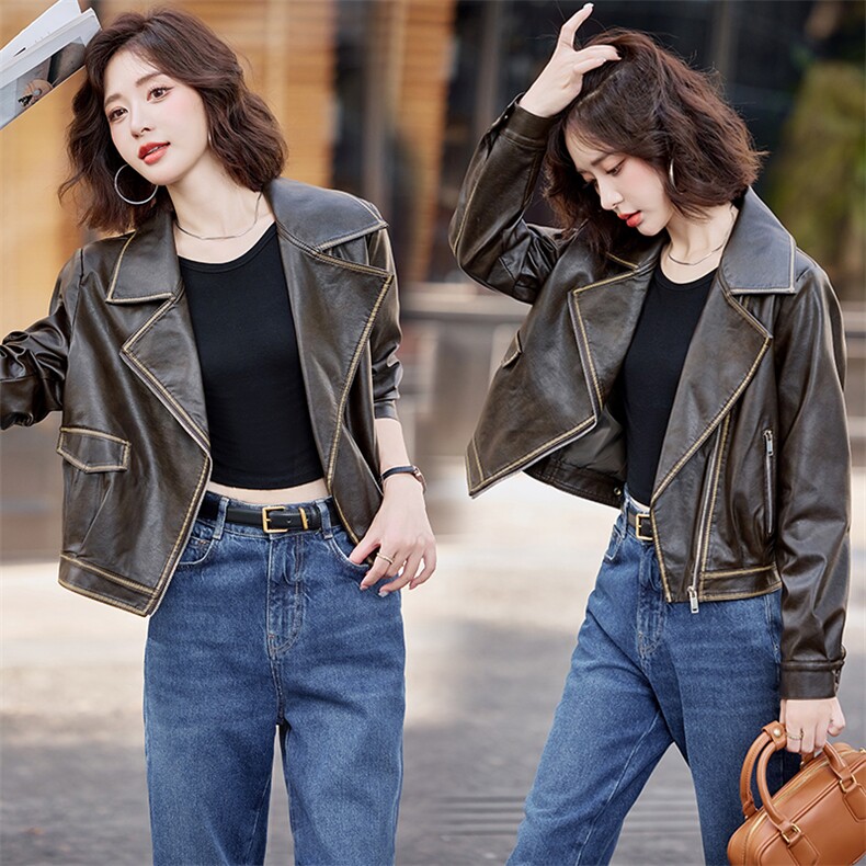 2024秋季设计感复古机车皮夹克港风短款皮衣外套一线大牌精品轻奢，女装皮衣，缘衣格