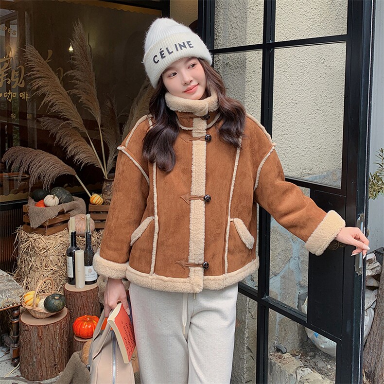 时髦皮毛一体短款羊羔毛外套女2025新款冬季慵懒风巨好看加厚外套,女装皮草,2C316