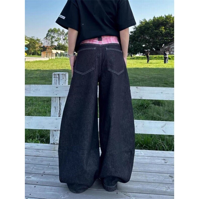 CP1215-P55美式粉格拼接廓形弯刀牛仔裤女2025设计感宽松阔腿裤,男装牛仔裤,电商B323A