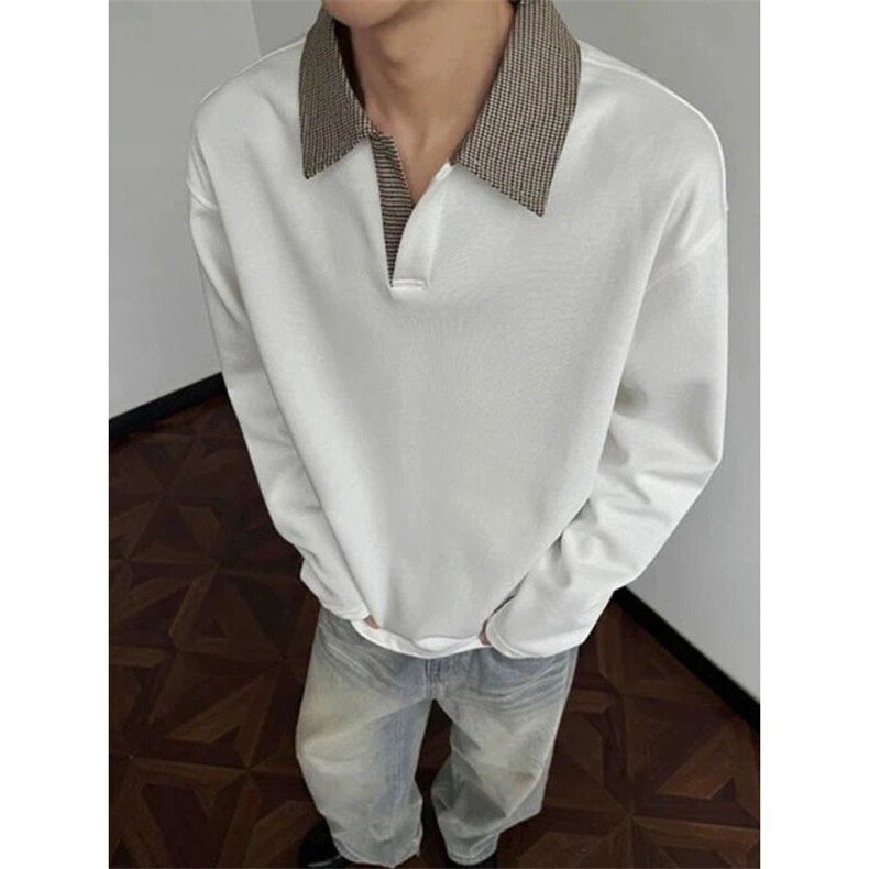 格子长袖男翻领美式男士铆钉卫衣撞色短款卫衣韩版长袖白色短款，男装Polo衫，星座208-5