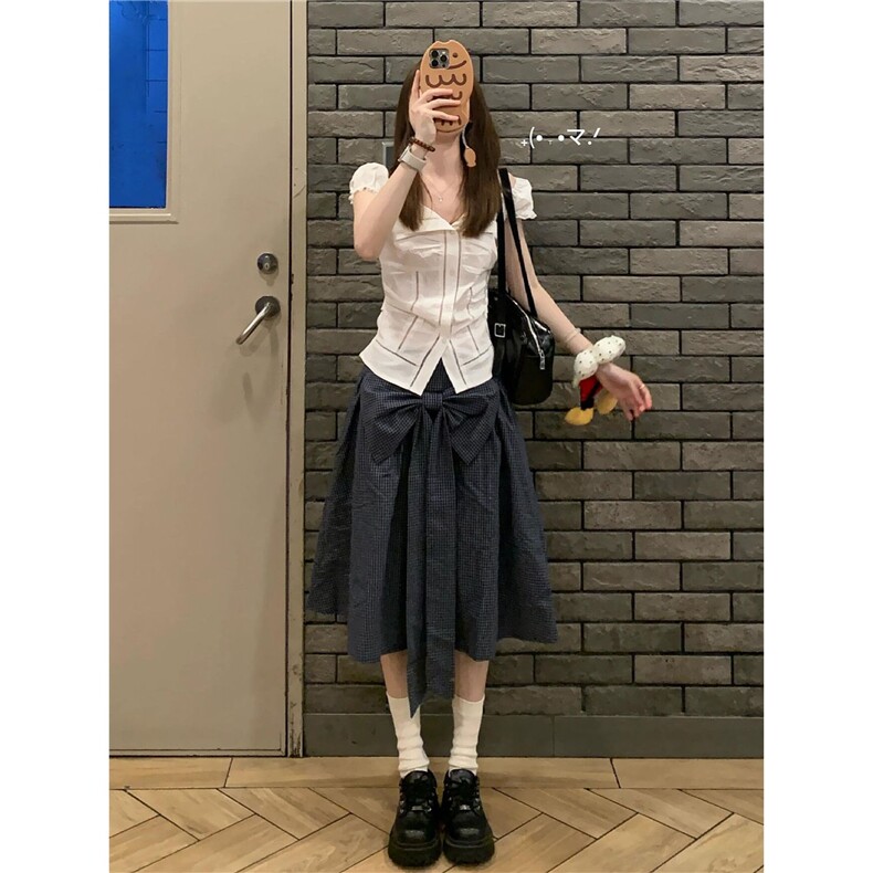 韩版甜辣通勤风修身泡泡袖衬衫+高腰蝴蝶结宽松半身裙两件套装女,男装衬衫,星座1210-1
