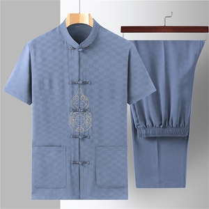 风男士套装衣服短袖唐装汉服夏季葫芦绣两件套t恤CM2805-P98,男装民族服装,星座1105-3