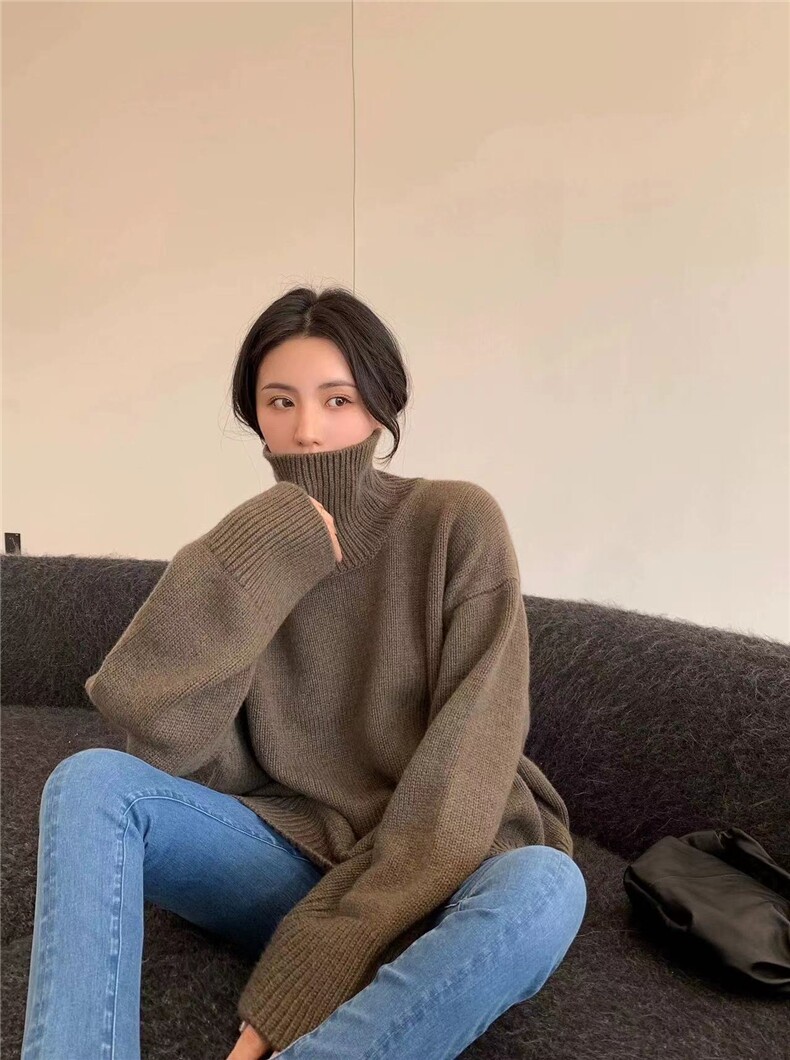 慵懒风打底针织衫毛衣女秋冬季新款百搭高领宽松套头气质上衣,针织衫/毛衣,半城羊绒