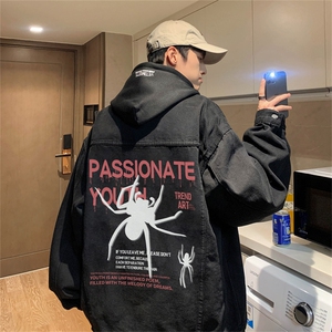 蜘蛛印花牛仔外套男款2025秋冬季美式复古做旧连帽夹克高街牛仔衣图片