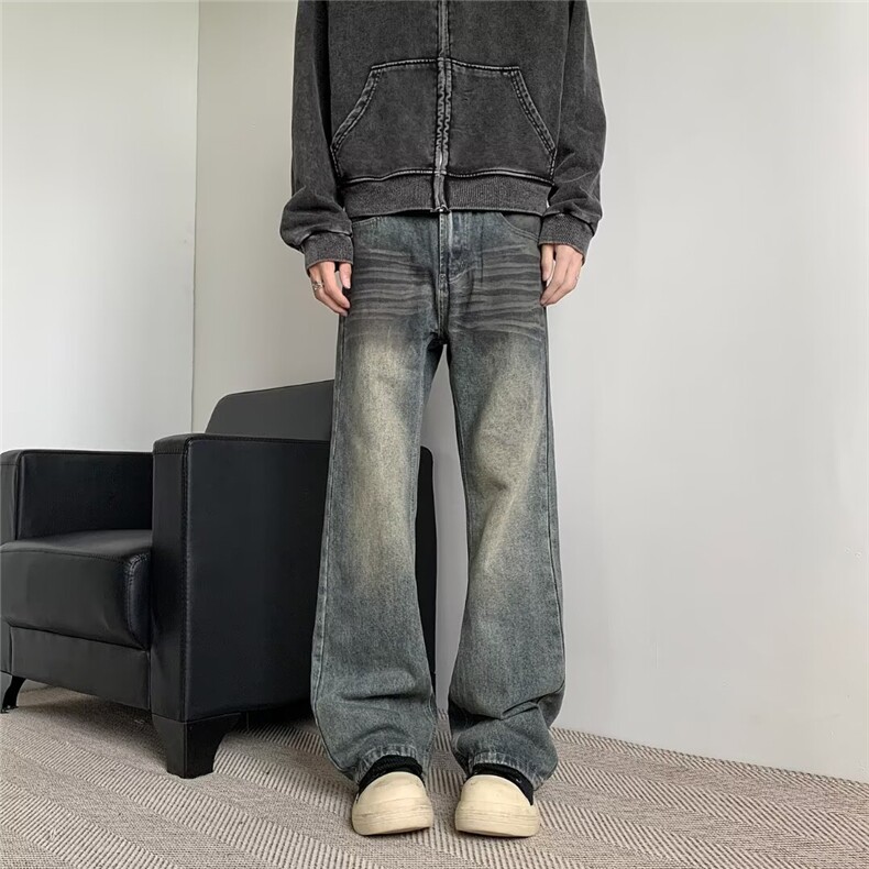 微喇牛仔裤男春秋新款美式高街潮牌复古直筒休闲裤子图片