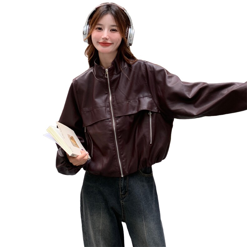 红皮衣外套女秋秋2025新款美式复古又a又飒机车服pu皮夹克,女装皮衣,纯色衣恋