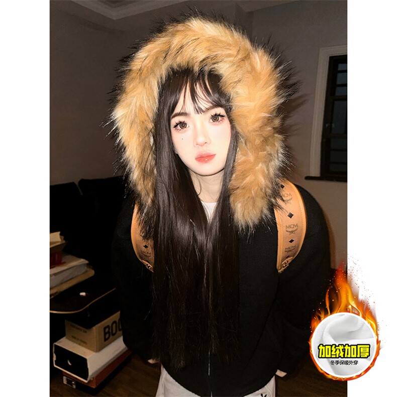 480G重磅加绒硬挺boxy秋冬美式高街超大毛领座山雕连帽卫衣厚外套，女装短外套，电商A486