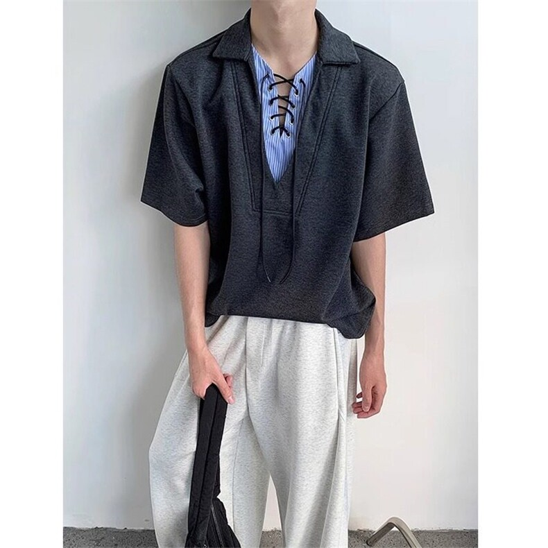 高质量拼接V领假两件POLO衫轻奢风系带百搭条纹衬衫短袖T恤T330，男装Polo衫，星座1116A（原606A-3）