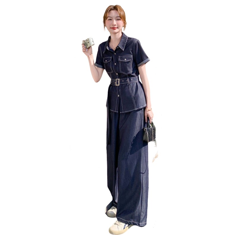 （新款）2026夏天丝牛仔衬衫+阔腿裤两件套1D060-P185-K288,女装套装/套裙,1D060