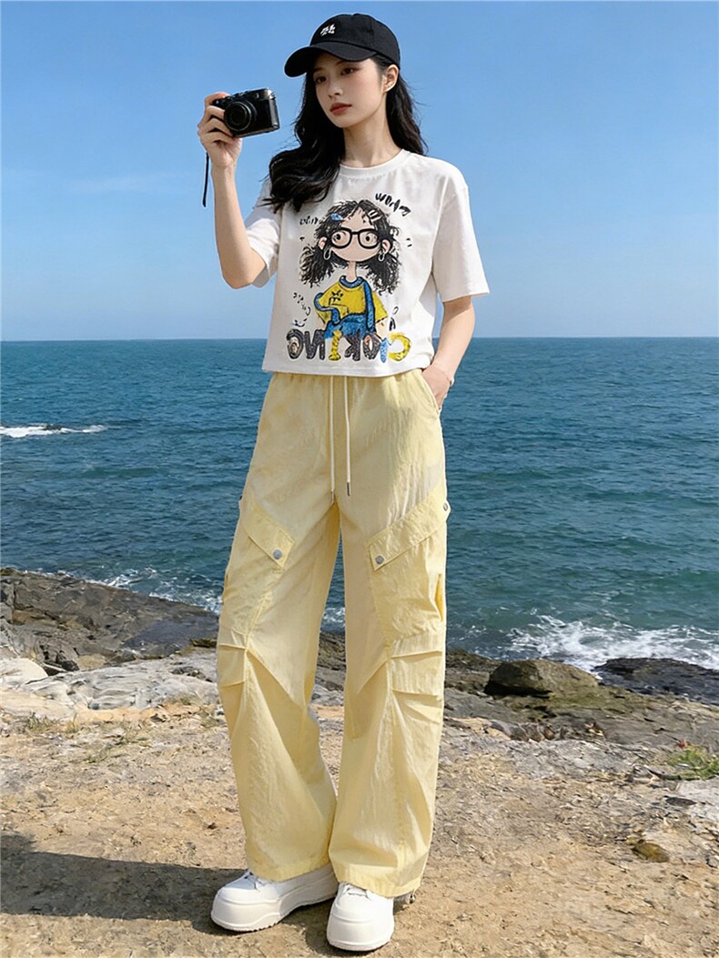 甜美时尚休闲套装女夏季新款圆领卡通印花T恤宽松工装长裤两件套,女装套装/套裙,江南
