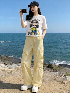 甜美时尚休闲套装女夏季新款圆领卡通印花T恤宽松工装长裤两件套图片