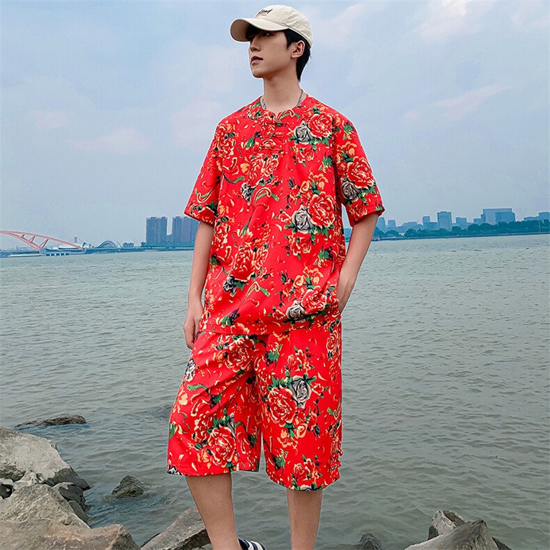 TZZ风盘扣T恤裤子大码团队服东北大花套装男女表演出新中式服,男装T恤,星座115A(原星座507）