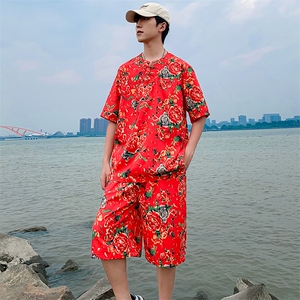 TZZ风盘扣T恤裤子大码团队服东北大花套装男女表演出新中式服图片