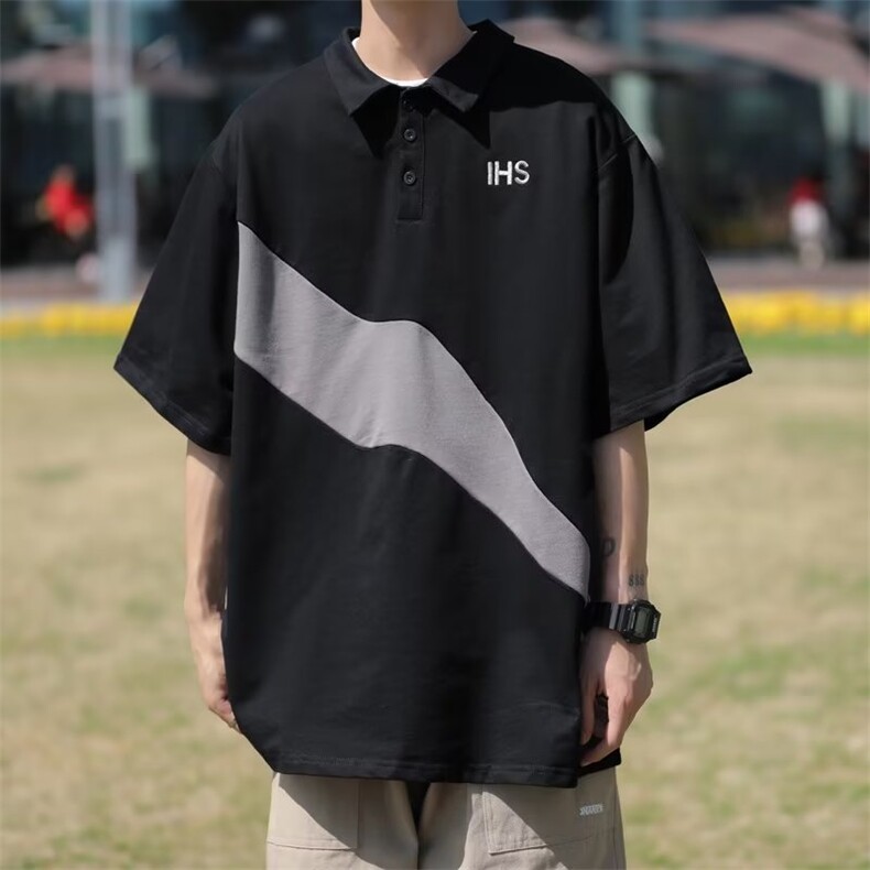 POLO衫2023潮流男新款原宿夏季慵懒拼接五分袖潮T恤WB056-P30,男装T恤,星座412