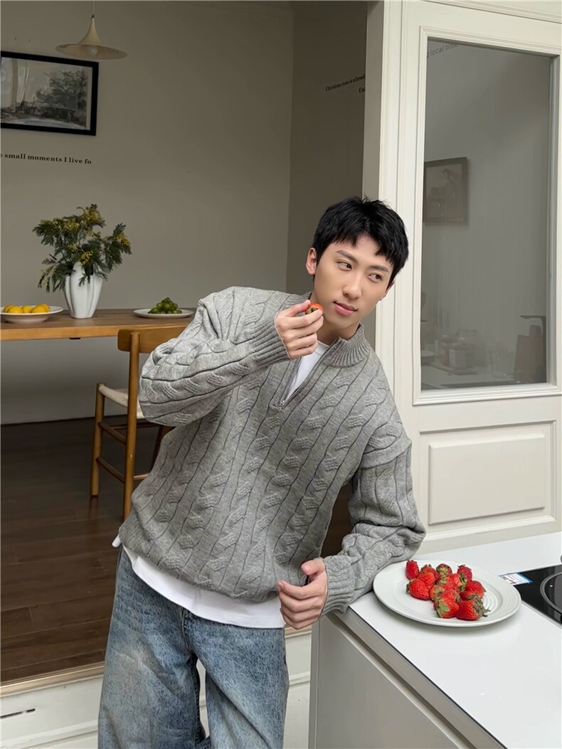 网图半高领毛衣男秋冬季美式麻花粗纹半拉链设计针织打底衫特P58,男装针织衫/毛衣,电商C306-1