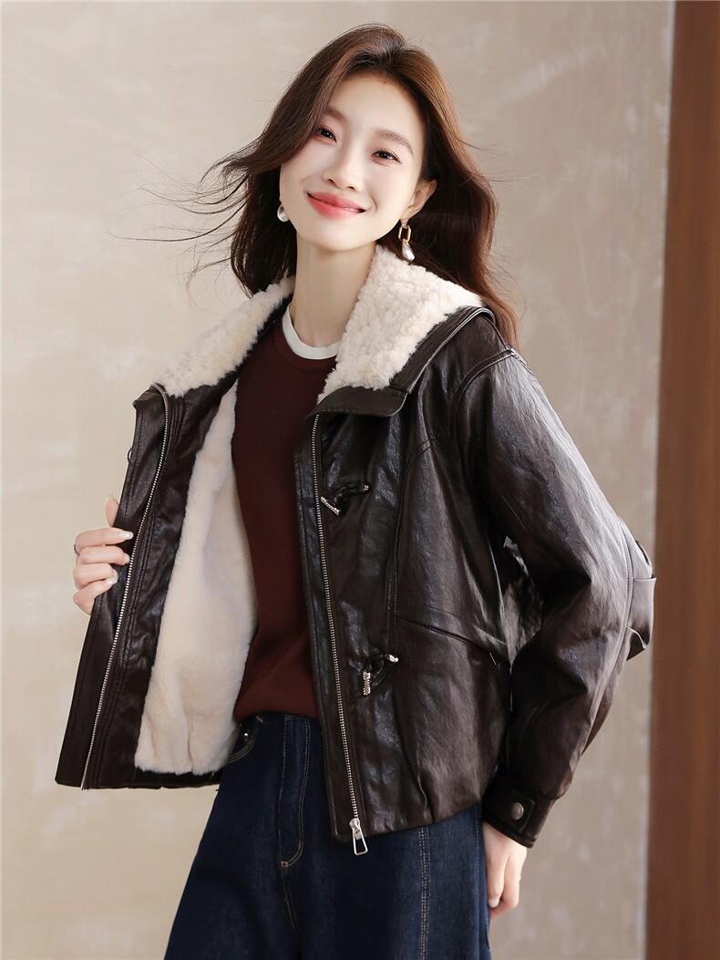 现货！现货！加绒加厚皮衣女2025冬季新款羊羔毛翻领棉衣棉服,女装棉衣/棉服,以桐