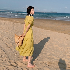 泡泡袖V领连衣裙女2025夏季新款收腰显瘦气质法式桔梗初恋长裙，女装连衣裙，天丽