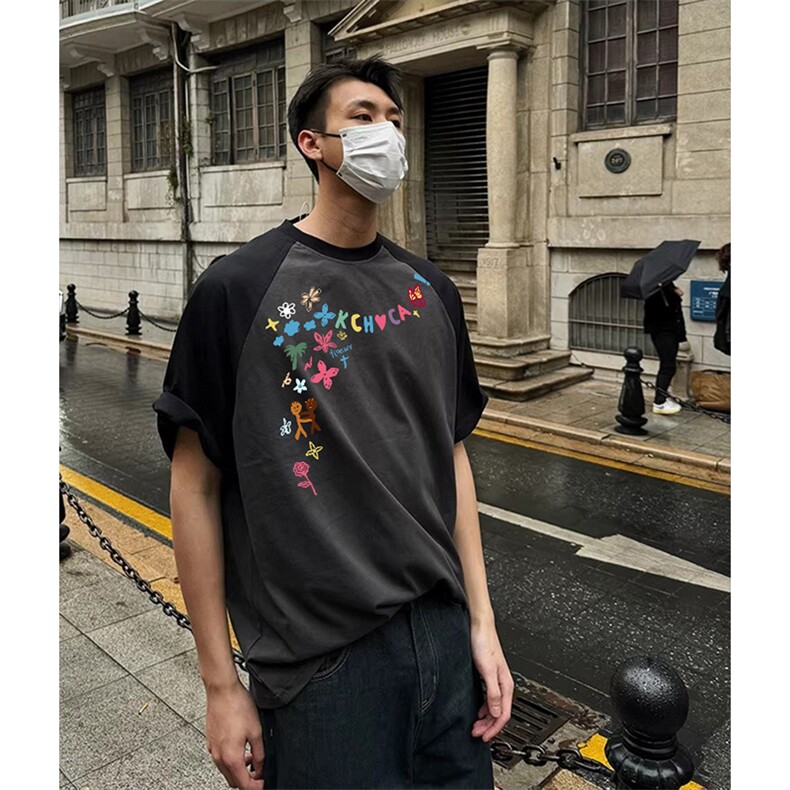 抖音得物高品质二开240克宽松纯棉美式潮牌插肩袖拼接短袖T恤,男装T恤,电商A486