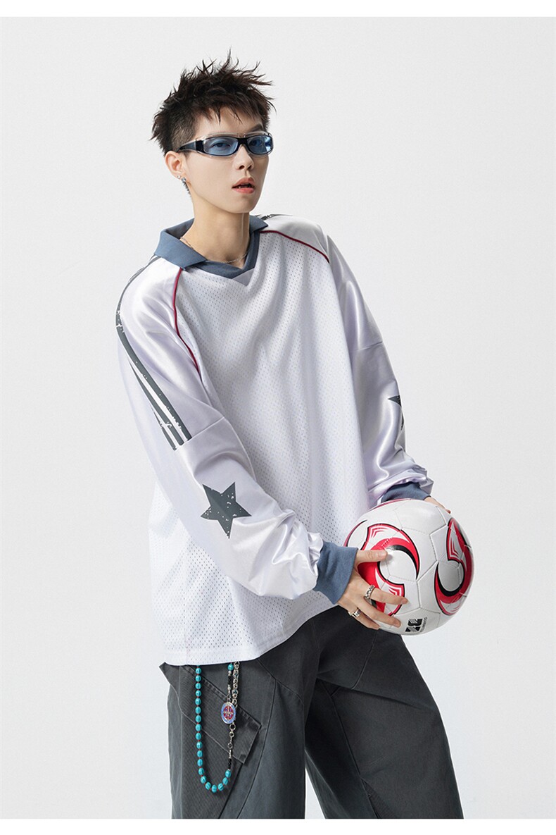 可二开美式POLO衫大码M-5XL拼接V领球衣长袖T恤男CX78111P45控69,男装Polo衫,星座226-1