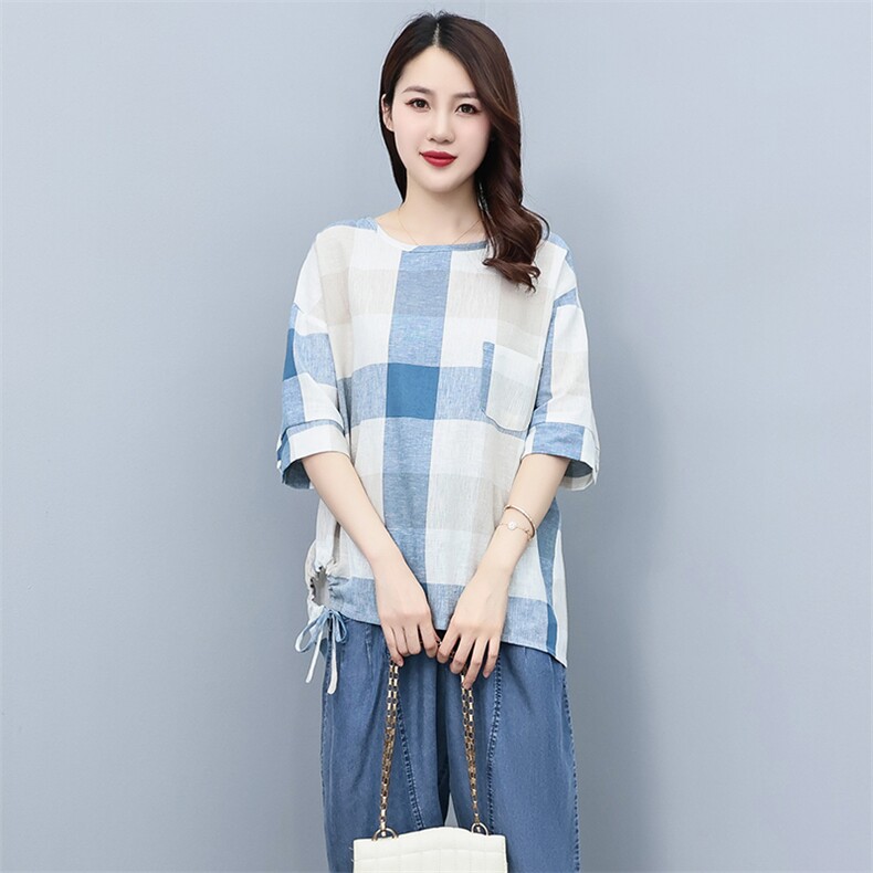 2023夏季棉麻格子简约气质圆领宽松时尚休闲显瘦舒适上衣,女装衬衫,独衣靓