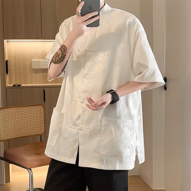 新中式潮复古暗龙纹盘扣风禅意衬衫夏季外套衬衣上衣CS550,男装衬衫,星座601-2