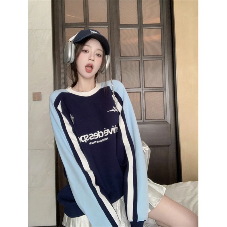 QC028-P55字母刺绣撞色美式复古拼接长袖卫衣女秋季宽松显瘦上衣，女装卫衣/绒衫，星座617A-2