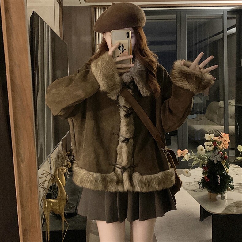 C914-P130毛绒麂皮外套女美拉德拼接宽松牛角扣翻领上衣,女装短外套,星座911-2(原星座613-2）
